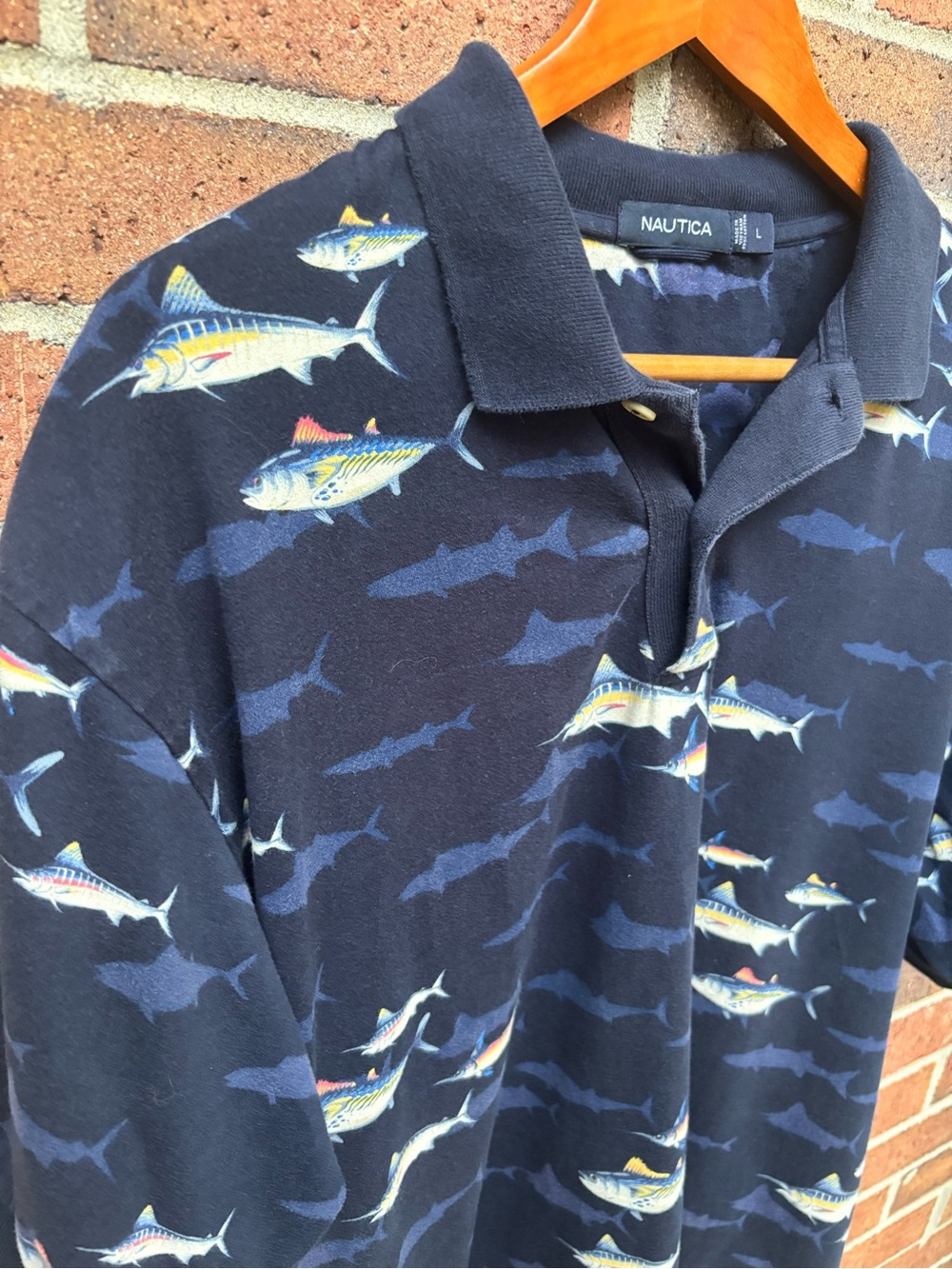 Nautica Marlin & Shark Print Polo Shirt Men’s Size L Navy Coastal Fishing